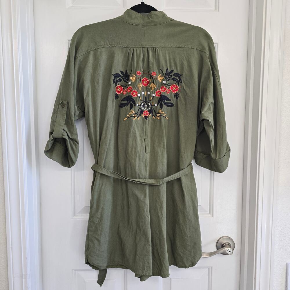 Embroidered Floral Army Green Cargo Romper Short Roll Sleeves Tie Waist Button